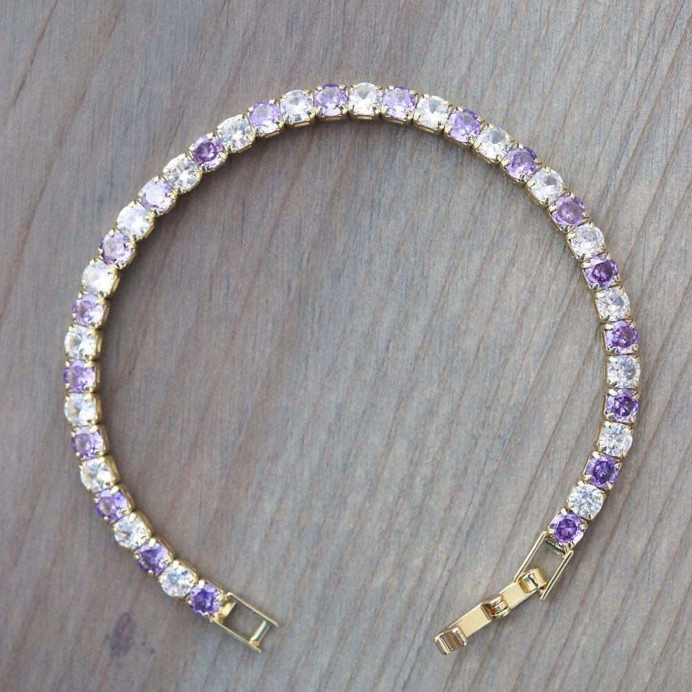 Purple/Clear CZ Diamond Tennis Style Bracelet 18k Gold Plated